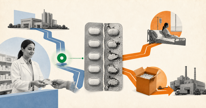Genuine and counterfeit medicine paths leading to patient-safety and product-recall consequences.