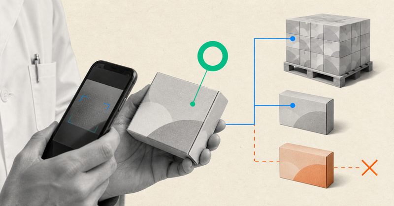 Pharmacist verifies one medicine carton while its carton-and-pallet relationship is checked and a duplicate is rejected.