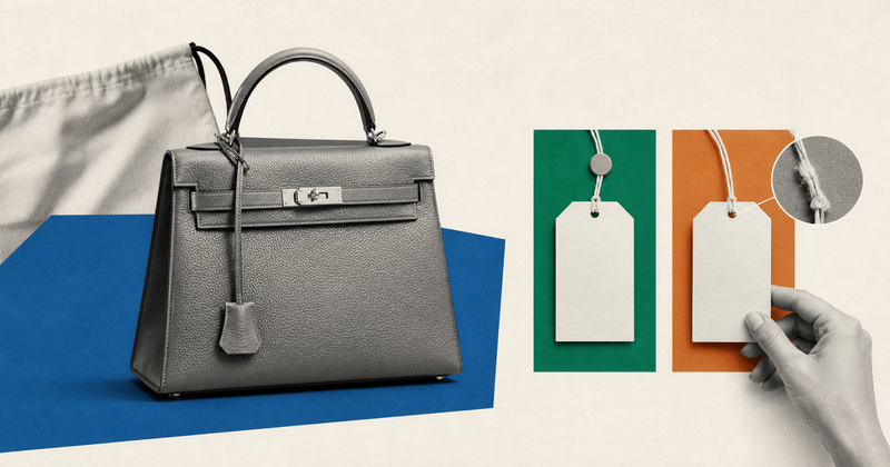 Luxury handbag with genuine and copied hangtags, highlighting an exposed frayed attachment.