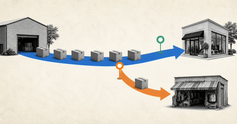 Fashion cartons follow an authorised retail route while one carton diverts toward an unapproved seller.