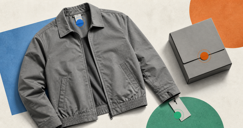 Jacket protected through a sewn care label, hangtag and tamper-evident accessory-box seal.