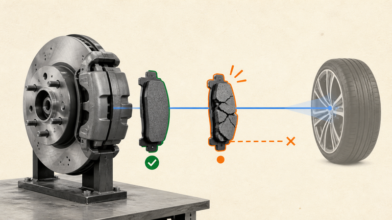 Genuine automotive brake pad compared with a cracked counterfeit component that creates a safety risk.