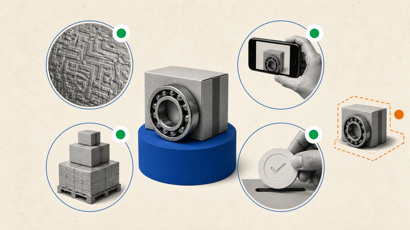 Automotive bearing assessed for non-cloneability, easy verification, traceability, and warranty validation.