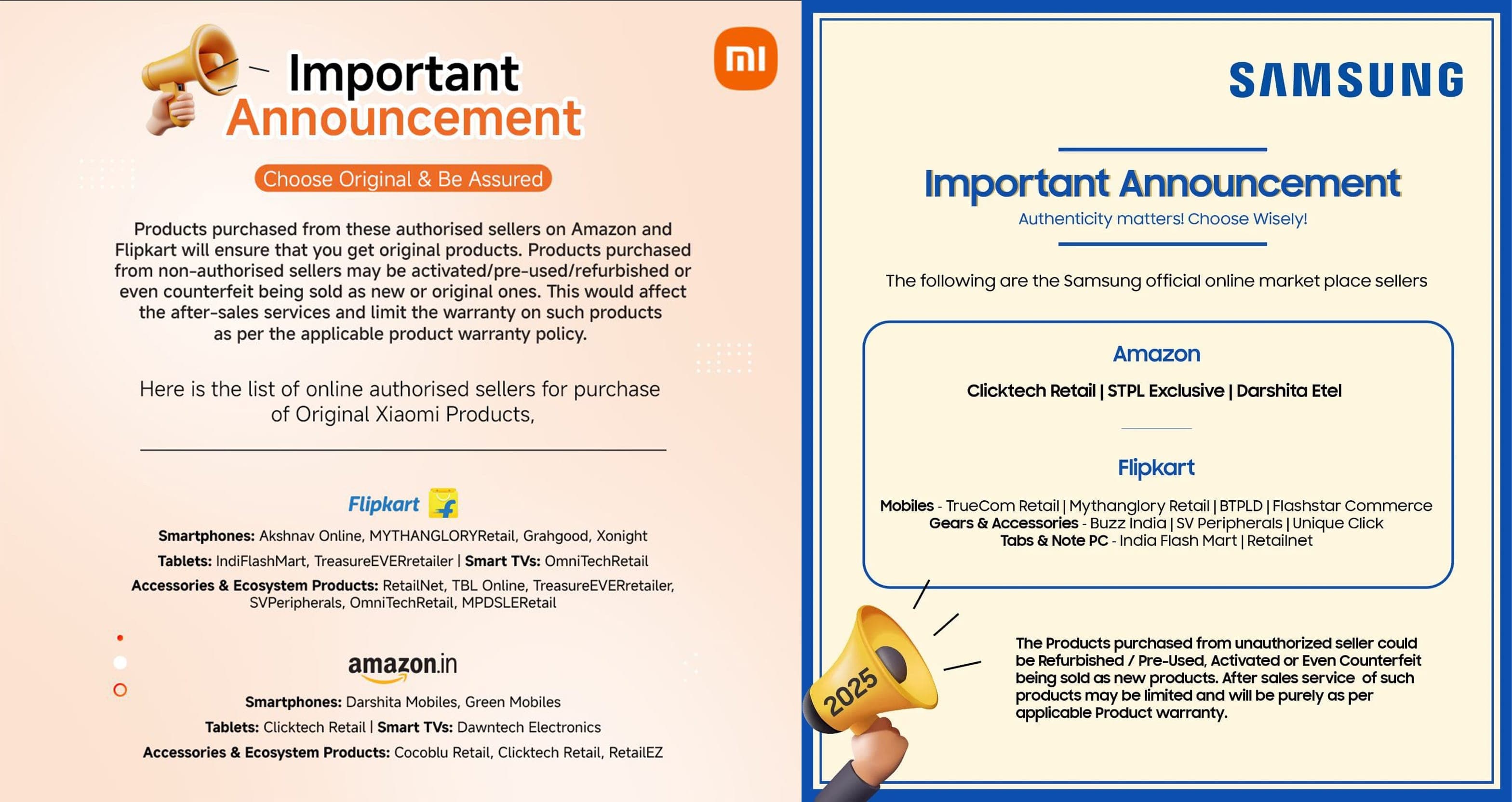 samsung and xiaomi releases their authorised sellers list ahead of bigbillion day sale on flipkart and amazon