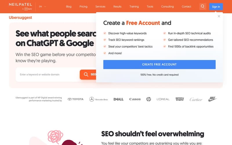 Ubersuggest homepage