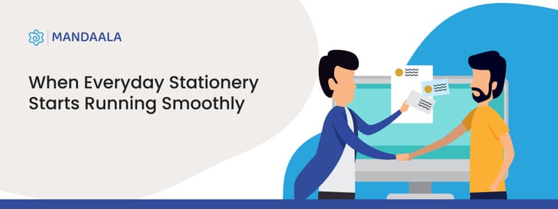 Two professionals exchanging visiting cards across a desk, representing everyday business interactions supported by organised stationery systems.
