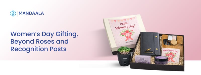 Corporate Women's Day gifting hampers by Mandaala, featuring personalized journals and wellness products to improve employee engagement and move beyond traditional recognition posts.