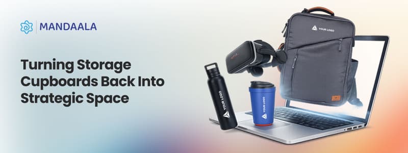 Corporate gifting banner featuring premium merchandise like a laptop bag and travel mug with the headline "Turning Storage Cupboards Back Into Strategic Space.