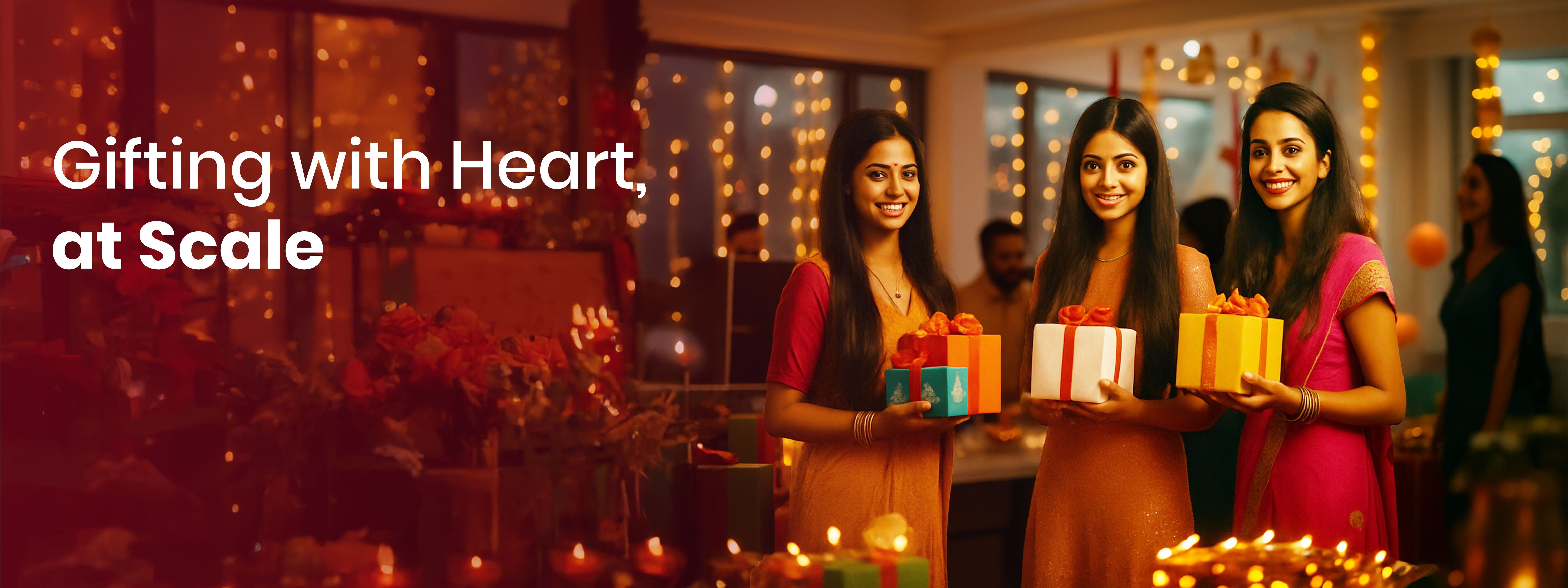 Employees celebrating Diwali with gifts, reflecting the joy of thoughtful, large-scale corporate gifting