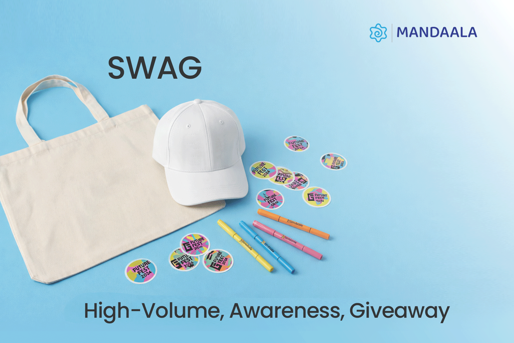 Branded swag giveaway kit with tote bag, cap, stickers, and pens used for corporate gifting and employee engagement campaigns in India.