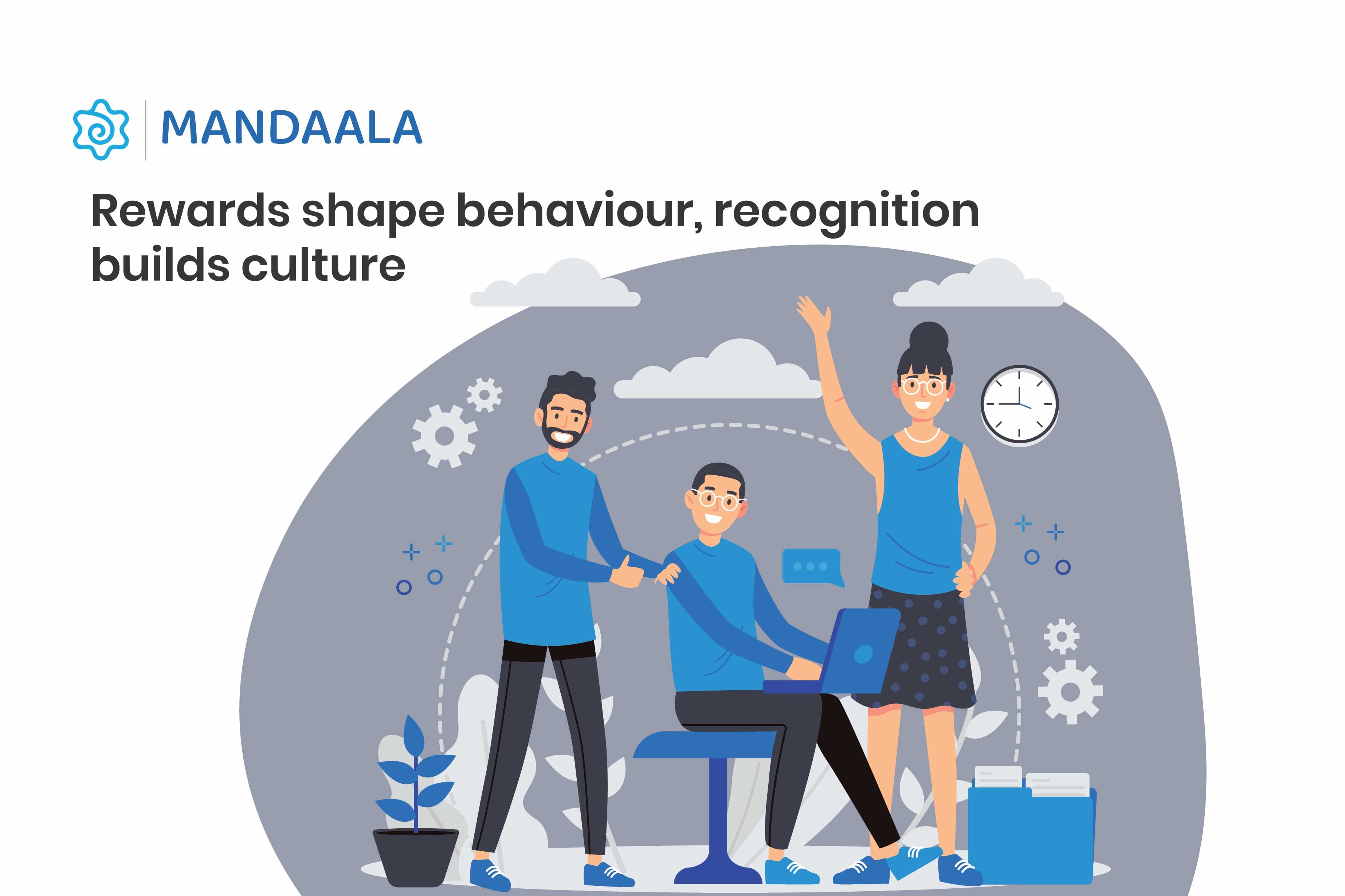 Three coworkers in a casual office setting with one receiving appreciation, captioned “Rewards shape behaviour, recognition builds culture” under the Mandaala logo.