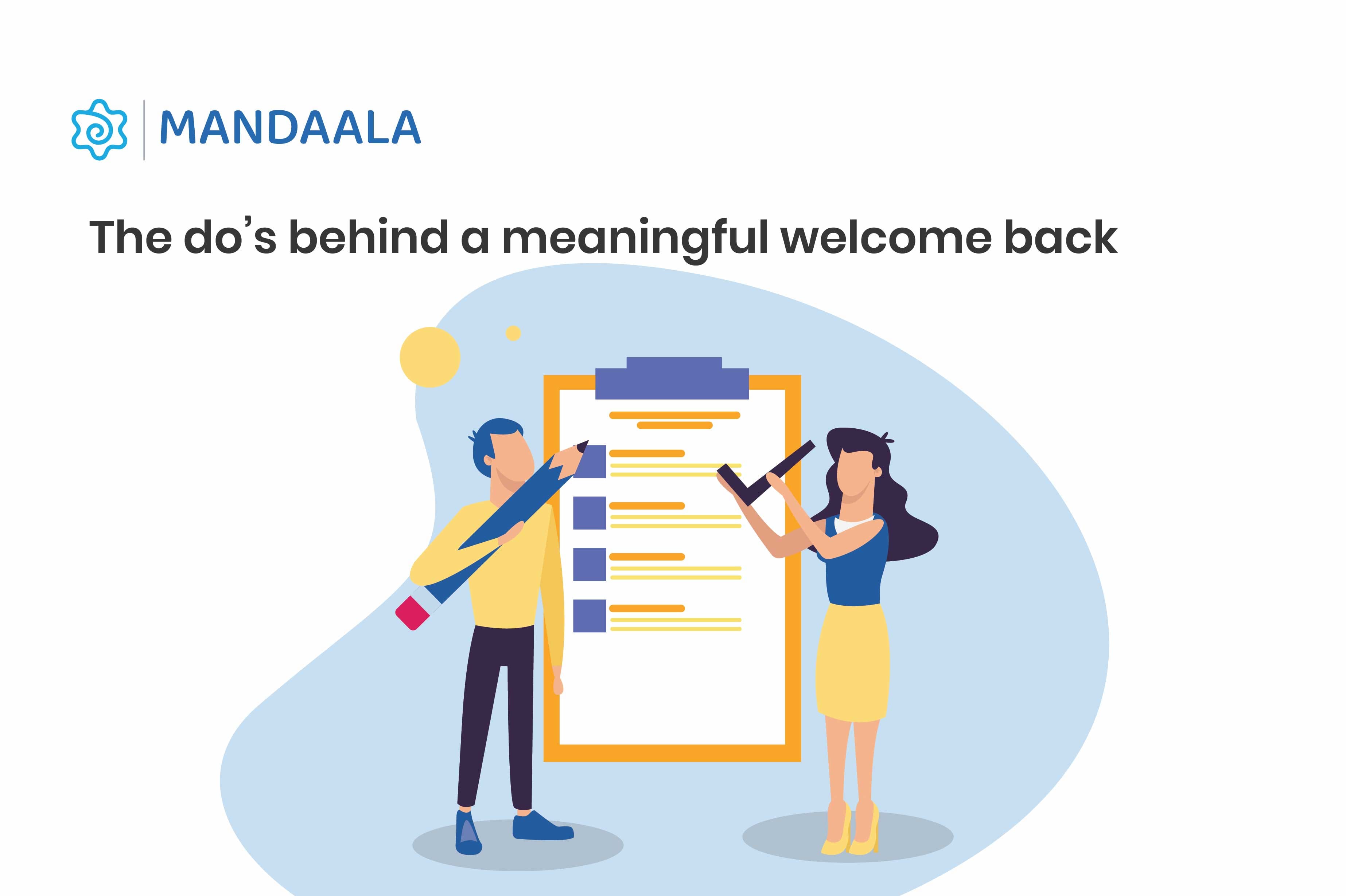 Illustration of two team members checking off a large clipboard together, symbolising thoughtful planning. Text reads: 'The do’s behind a meaningful welcome back