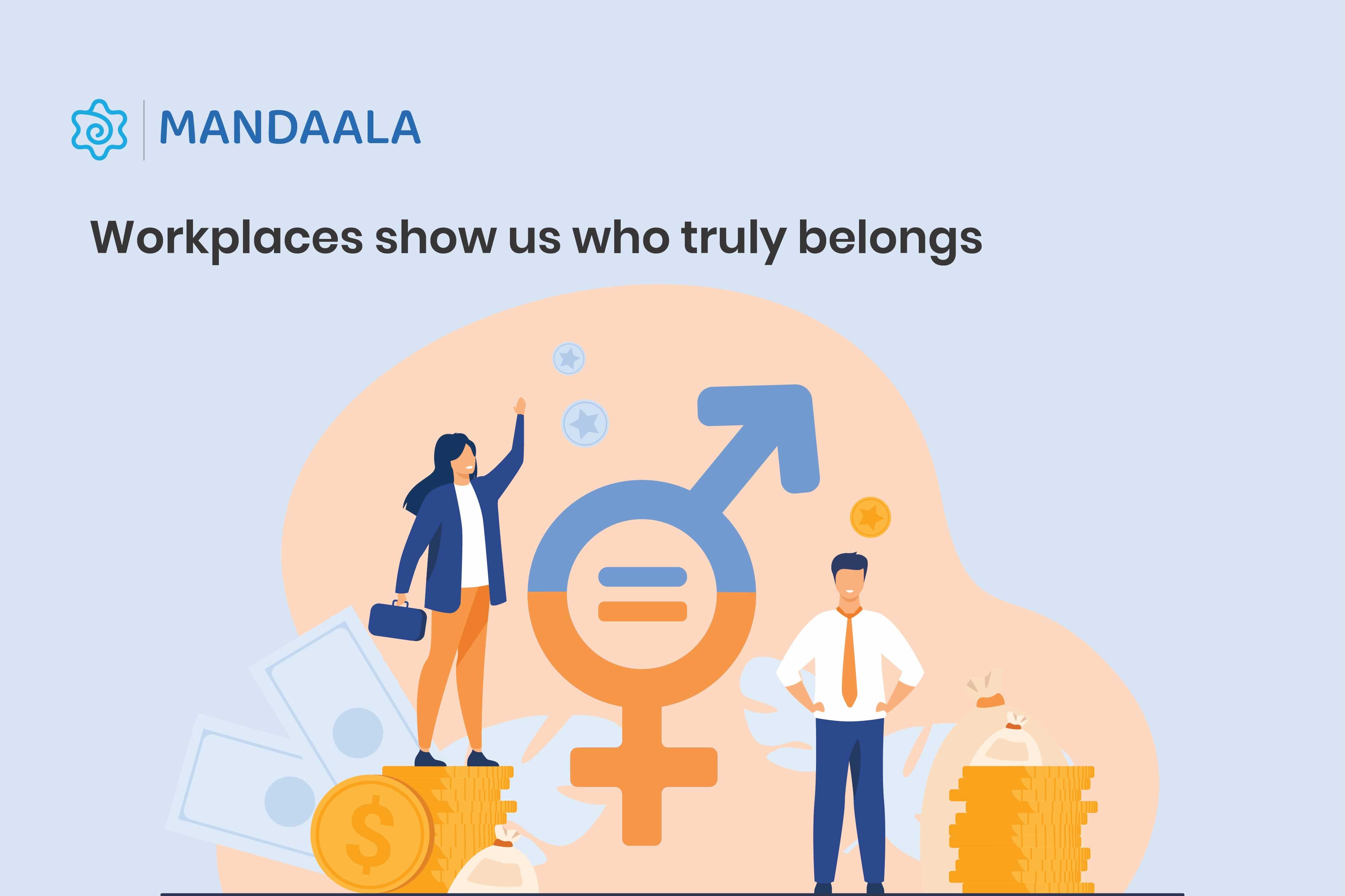 Man and woman on unequal coins; reflects gaps in workplace equity and belonging.