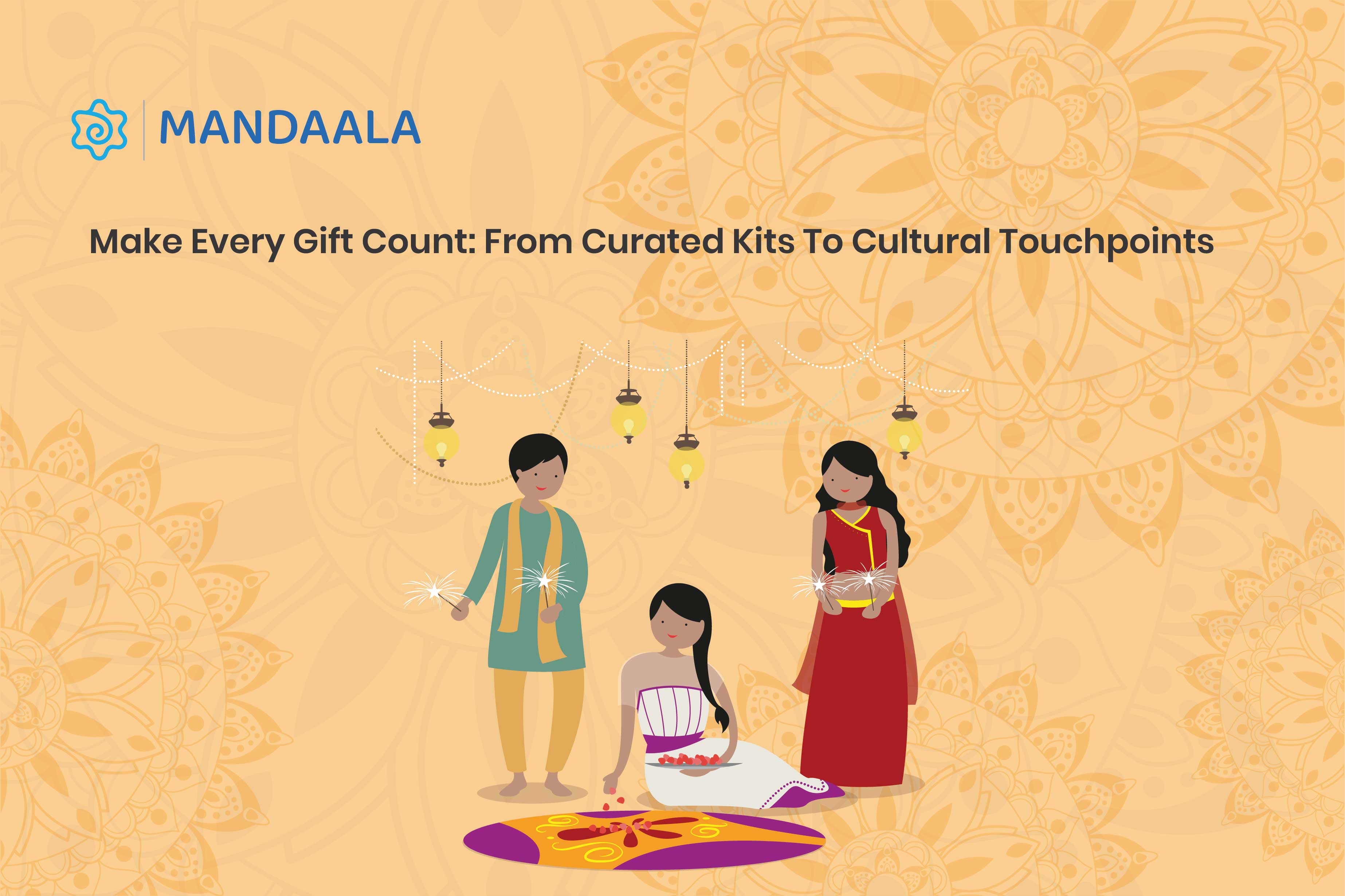 Illustrated Diwali celebration with sparklers and rangoli