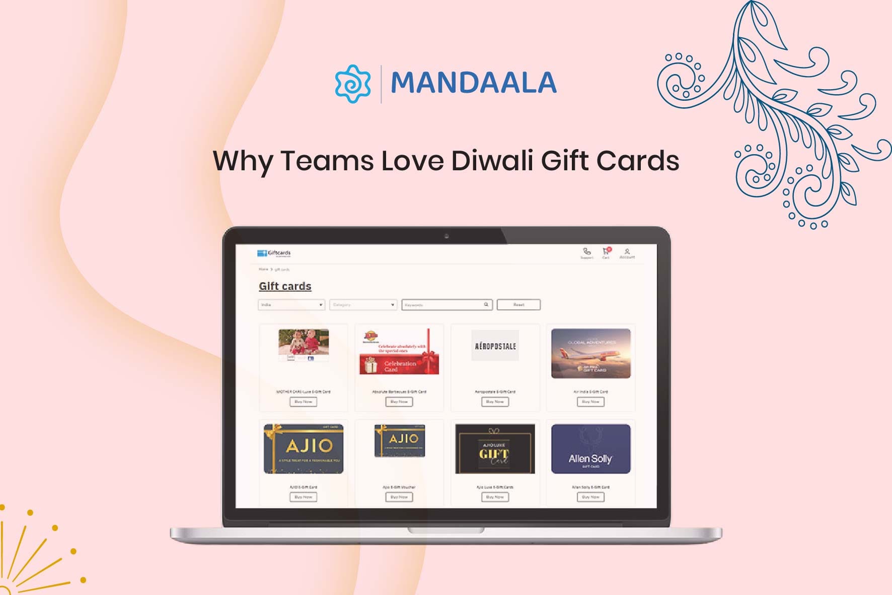 Laptop screen showing multiple branded gift card options like AJIO and Aeropostale for Diwali employee gifting.