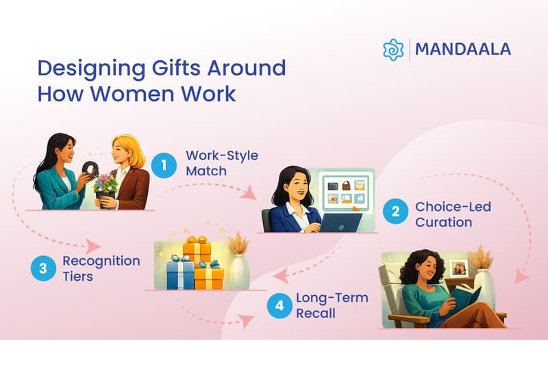 A 4-step infographic on "Designing Gifts Around How Women Work," featuring work-style matching and choice-led curation for high-impact corporate gifting in India.