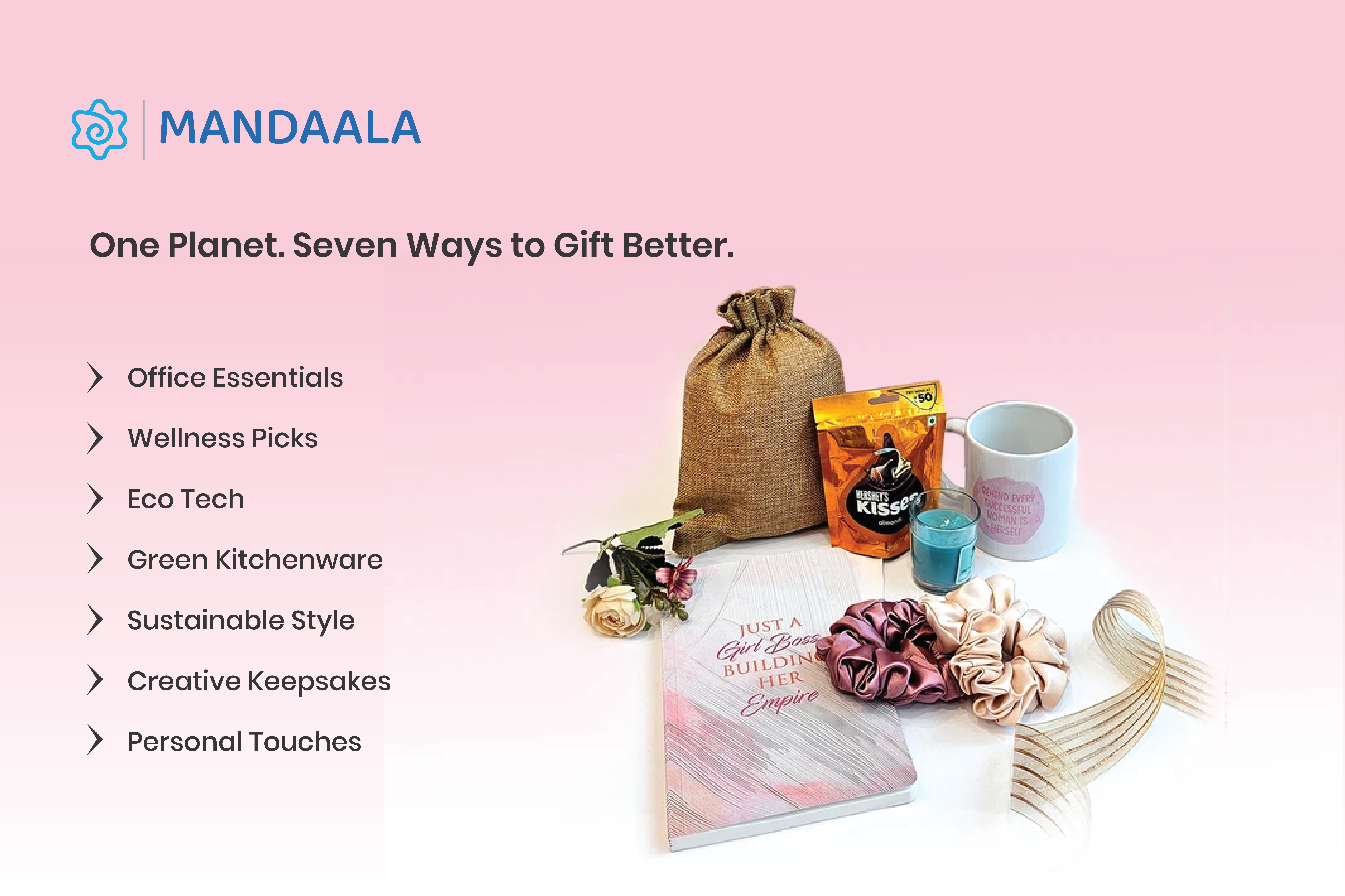 Top view of a hamper with snacks, a diary, candle, and mug, curated with eco-friendly picks.