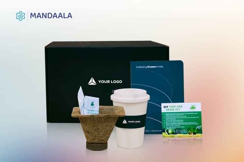 A close-up of a sustainable welcome kit featuring a rice-husk mug and a DIY "Sow and Grow" kit for eco-friendly employee engagement.