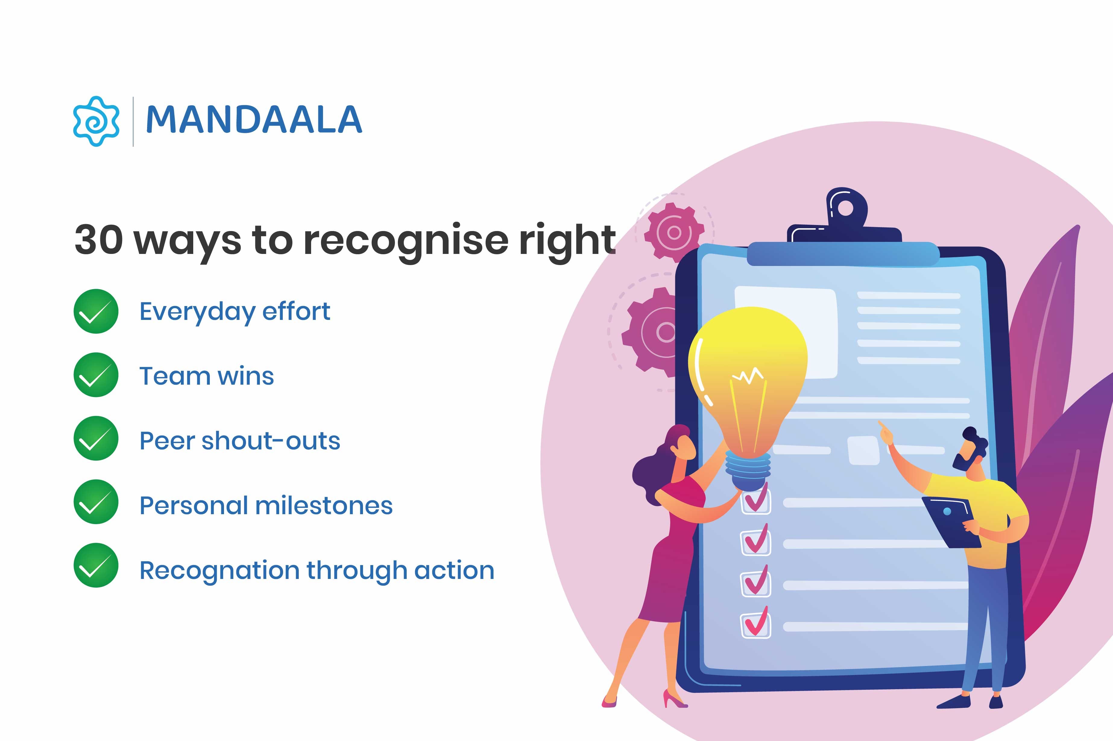 "Checklist showing five effective employee recognition methods like everyday effort, team wins, peer shout-outs, personal milestones, and action-based recognition."