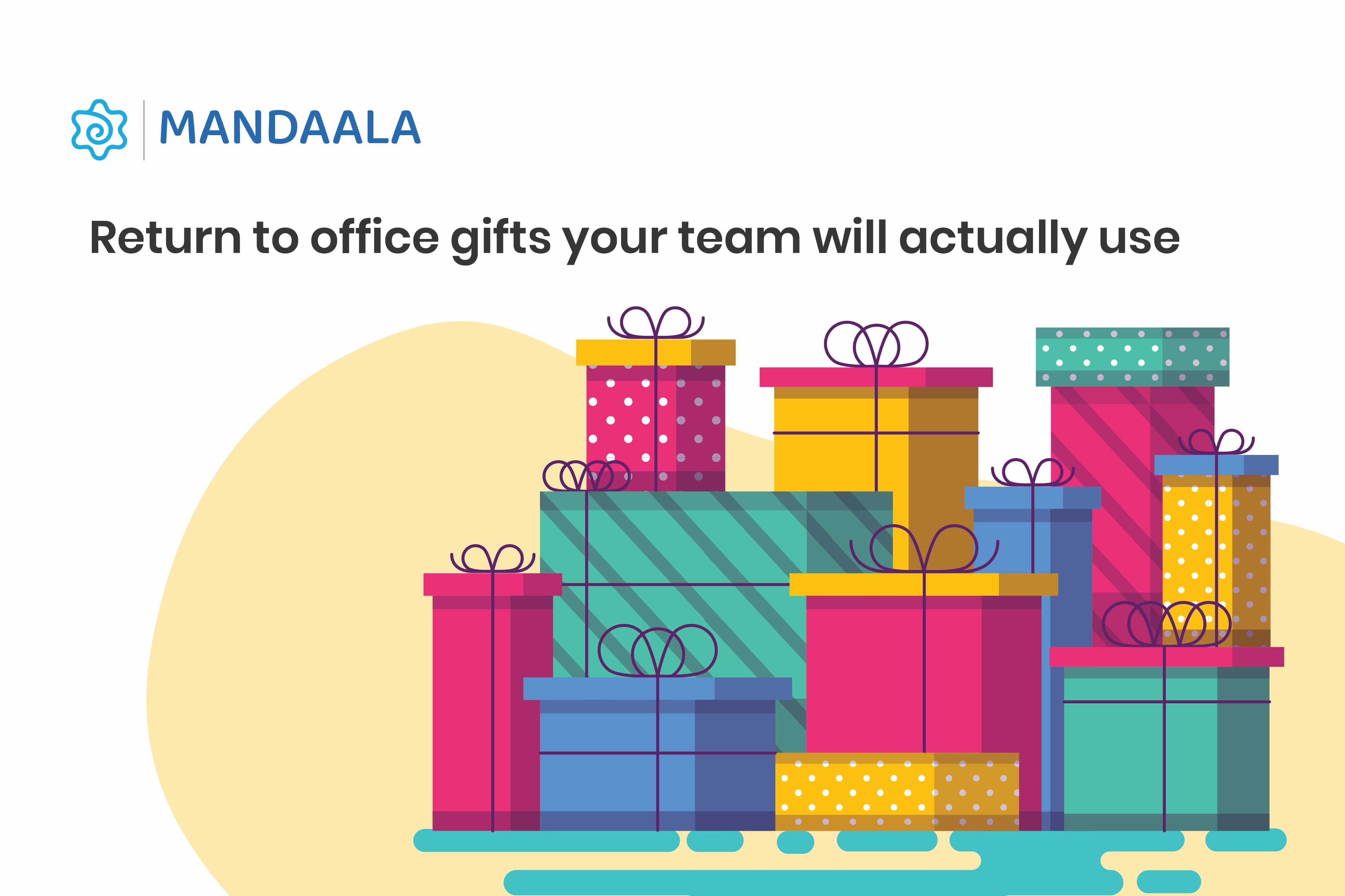 Stack of vibrant, multicoloured gift boxes arranged neatly, representing return to office gifts. Text reads: 'Return to office gifts your team will actually use.'"