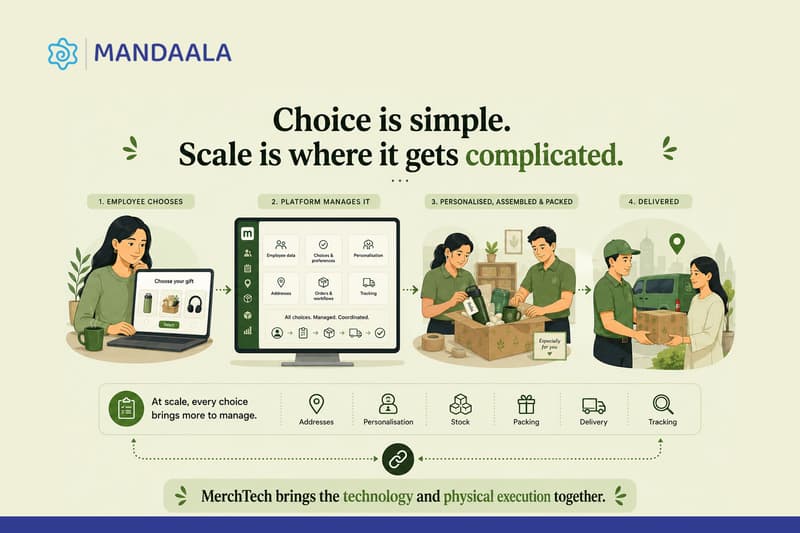 Choice-based corporate gifting at scale, combining employee choice, curated gifts and technology through a MerchTech platform. 