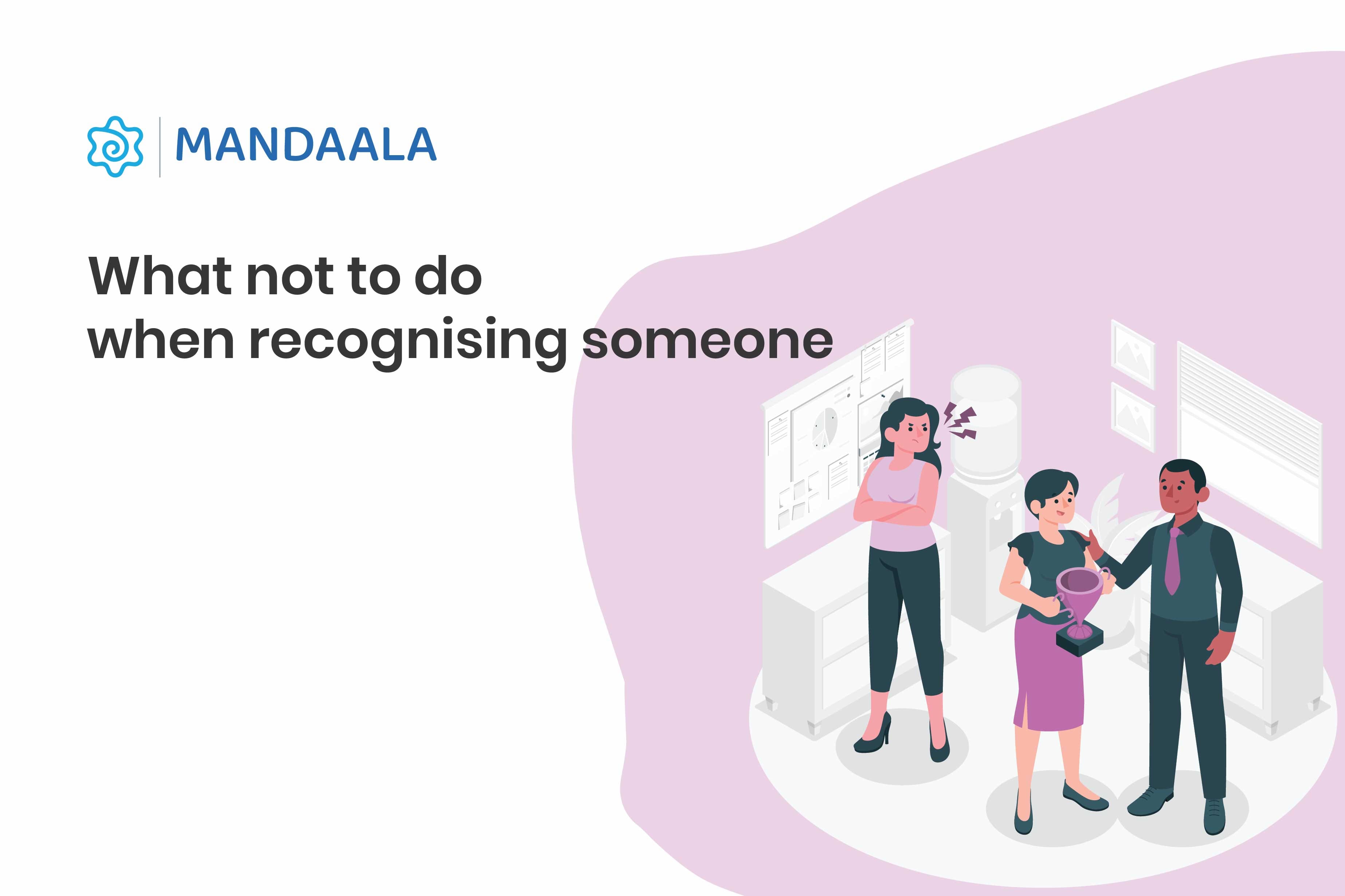 "Illustration of an employee receiving an award while another colleague looks upset, highlighting what not to do when recognising someone."