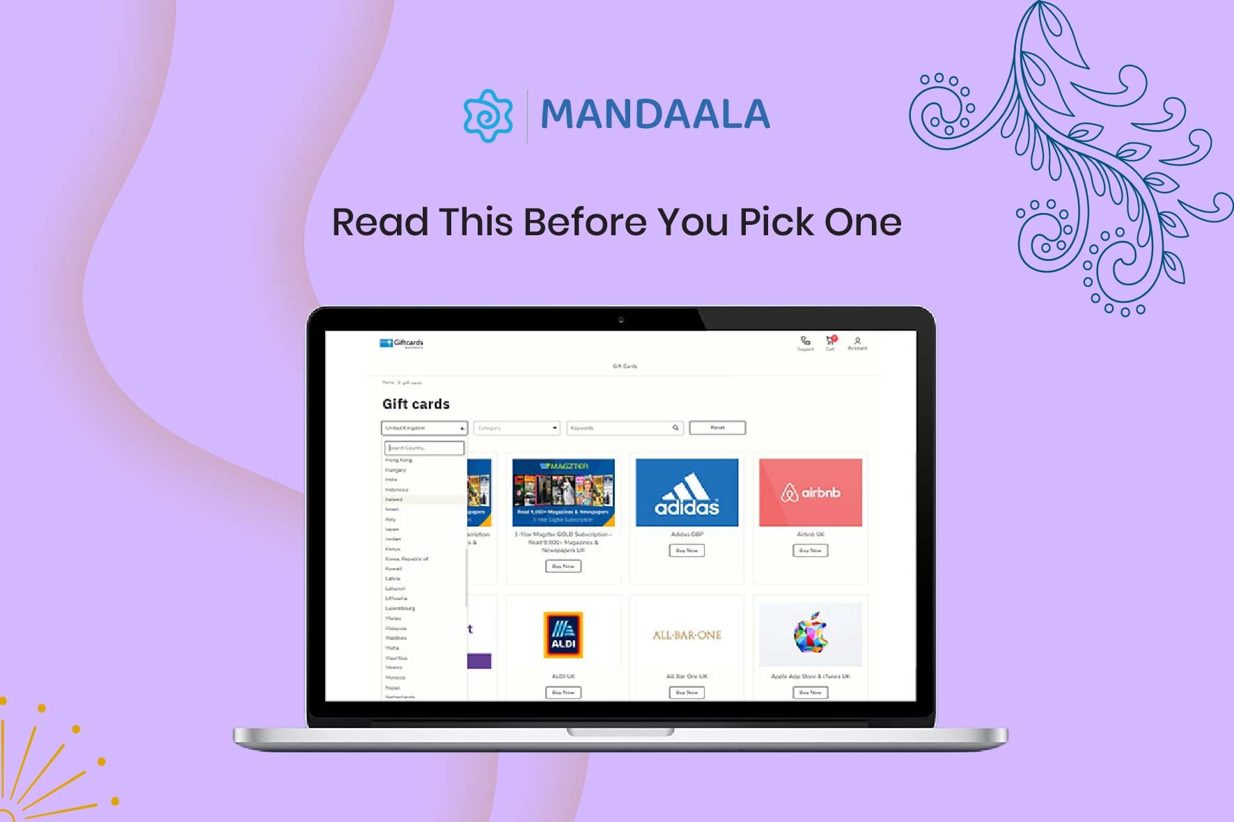 Gift card platform showing international brand options and country selection for Diwali gifting across global teams.