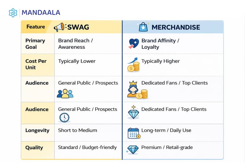 Swag vs merchandise comparison chart showing how corporate gifting supports employee engagement in India through brand awareness, loyalty, cost, quality, and long-term value.