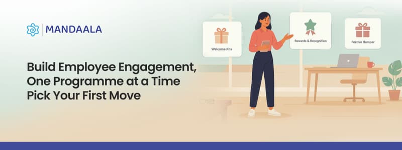 Professional presenting employee engagement options for welcome kits and rewards.