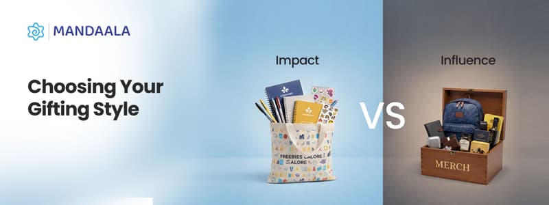 Corporate gifting banner comparing swag and premium merchandise for employee engagement in India, highlighting impact versus influence in branded gifts and workplace recognition.