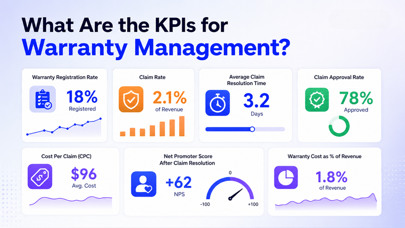 Warranty management KPI dashboard showing registration, claims, costs, approval, NPS