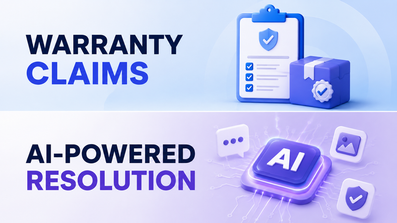 Warranty claims workflow and AI-powered resolution illustrated with checklist and support icons.