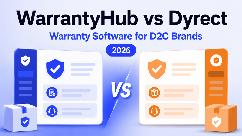 WarrantyHub versus Dyrect warranty software comparison with blue and orange dashboard visuals