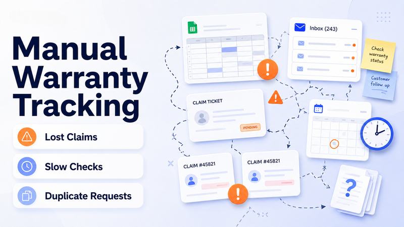 Manual warranty tracking illustration showing spreadsheets, inbox messages, duplicate requests, delayed checks, and lost claims.