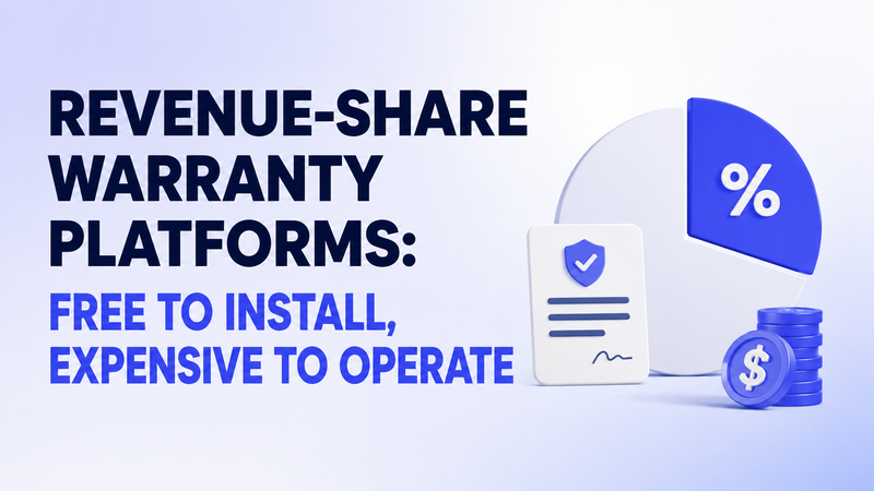 Revenue-share warranty platforms illustrated with percentage chart, warranty document, and coins graphics.