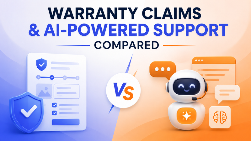 Warranty claims and AI support comparison with dashboard, shield, chatbot, and automation visuals