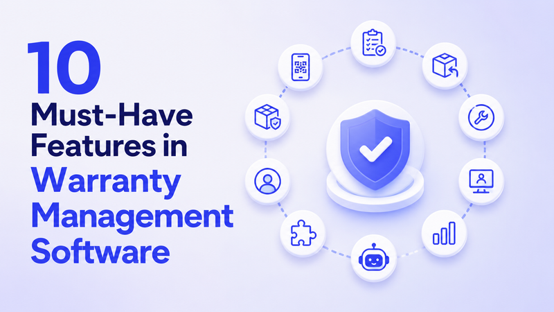 Ten warranty management software features shown around shield with connected feature icons