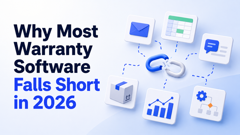 Warranty software gaps illustrated with broken link, email, spreadsheet, package, and workflow