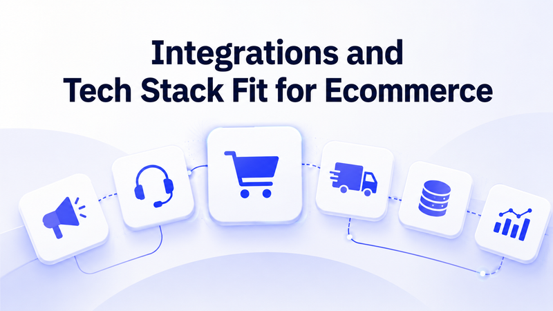 Ecommerce integrations and tech stack showing marketing, support, shopping, shipping, and analytics.