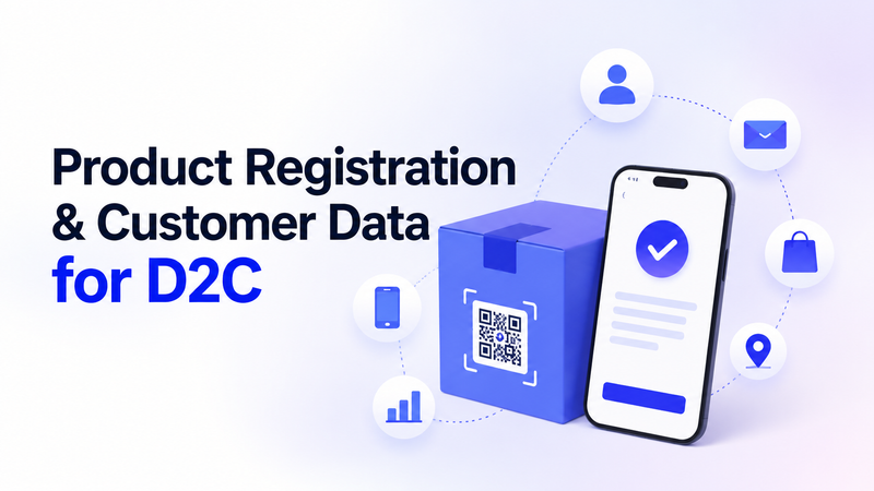 Product registration for D2C shown with package, QR code, phone, and data icons