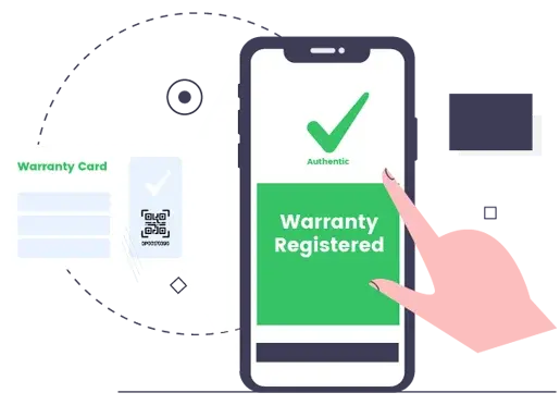 Smartphone displaying successful product warranty registration with verification checkmark and digital warranty card
