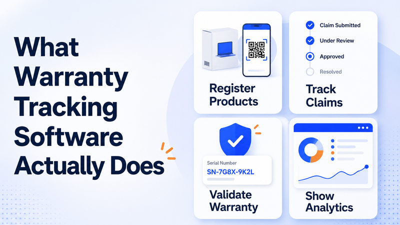 Warranty tracking software infographic showing product registration, claim monitoring, warranty validation, and performance analytics.