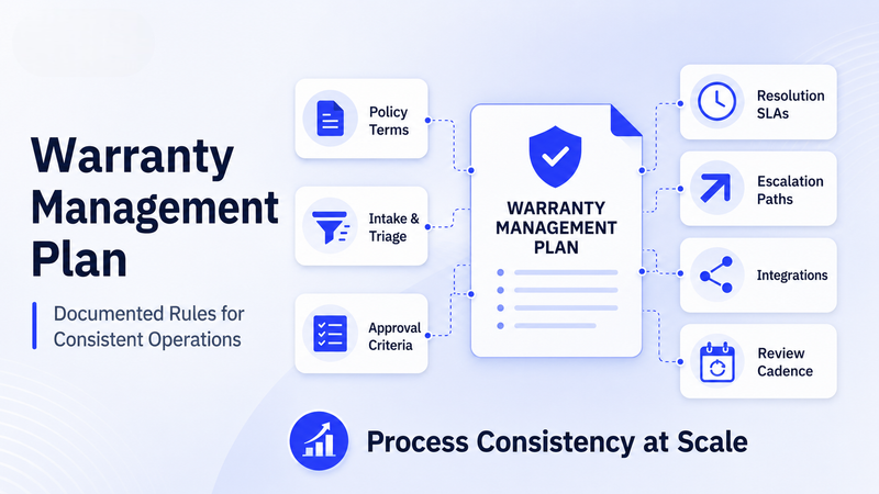 Warranty management plan linking policy, triage, approvals, SLAs, integrations, review