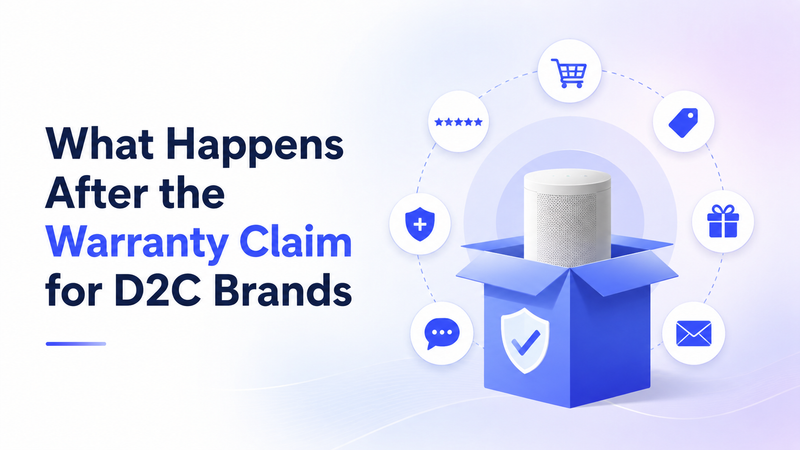 Post-claim D2C experience shown with product box, reviews, offers, and engagement icons