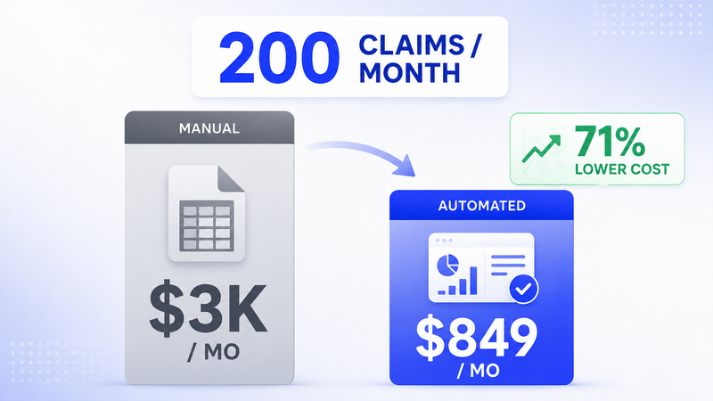 Manual versus automated warranty claims costs showing seventy-one percent lower monthly cost.