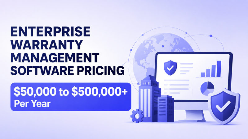 Enterprise warranty management software pricing with business dashboard, shield, and buildings icons.