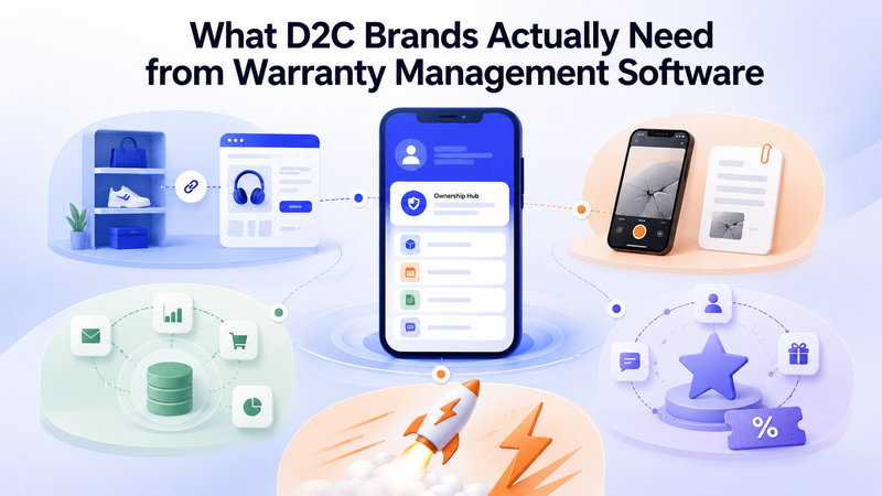 D2C warranty management needs shown through shopping, support, data, and engagement visuals