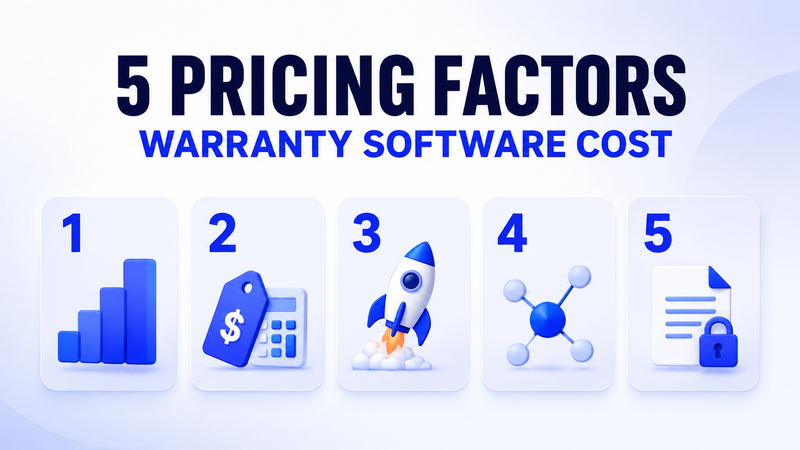 Five warranty software pricing factors illustrated with growth, cost, launch, integration, contracts.
