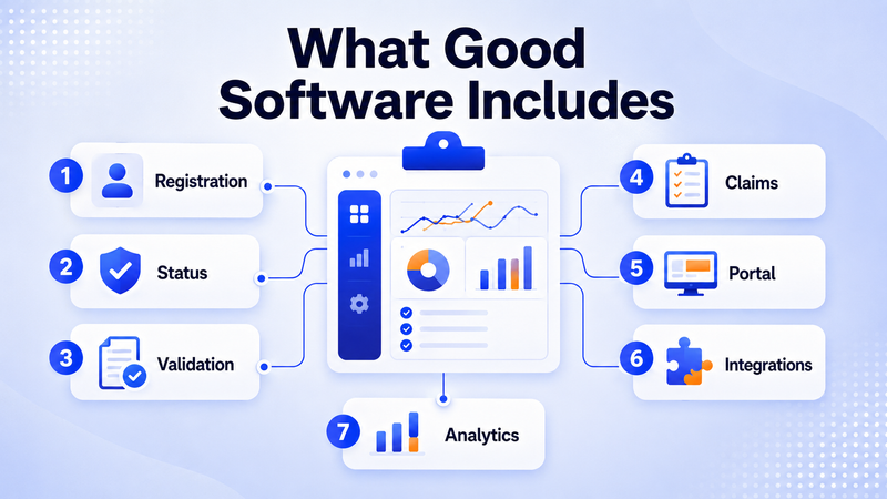 Warranty software feature map covering registration, status, validation, claims, customer portals, integrations, and analytics.