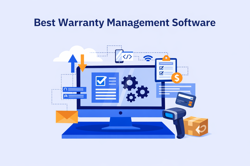 Illustration of Best Warranty Management Software with dashboard interface, claims workflow icons, returns box, barcode scanner, and payment symbol